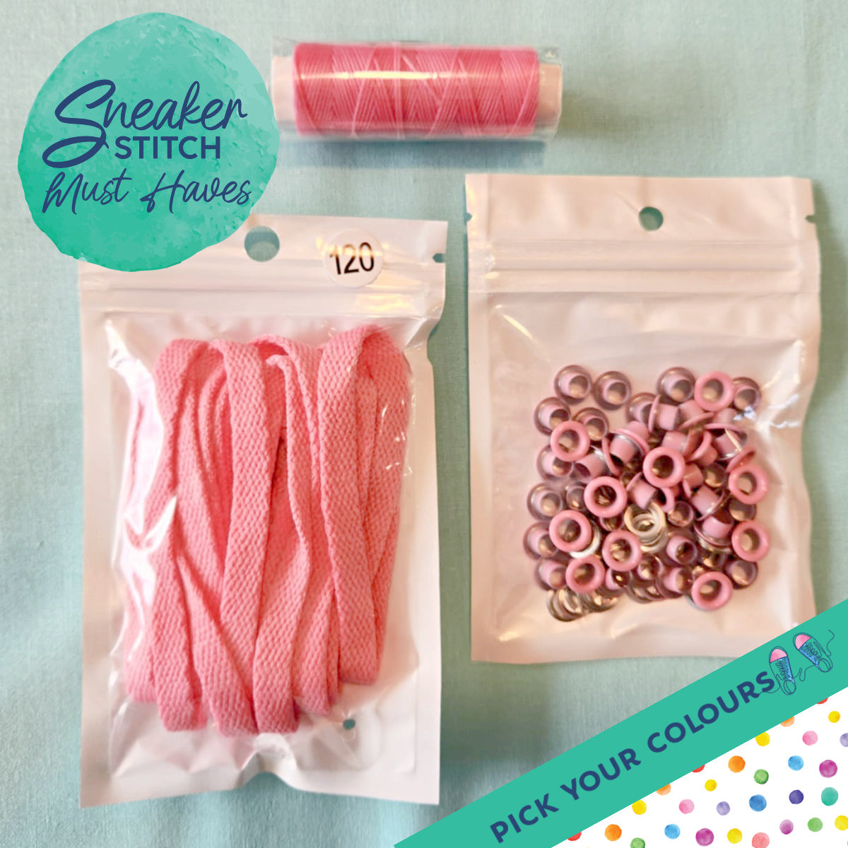 Pink shoelaces and shoe eyelets in clear packages on a light blue background with 'Sneaker Stitch Must Haves' branding.